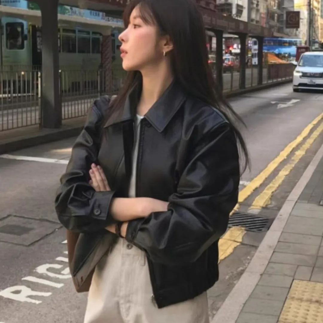 Biker da donna Jaet Chic Versatile Semplice Retro Sle Faion Cappotto in pelle allentata Inizio autunno Nuovo arrivo Lungo Sve Top