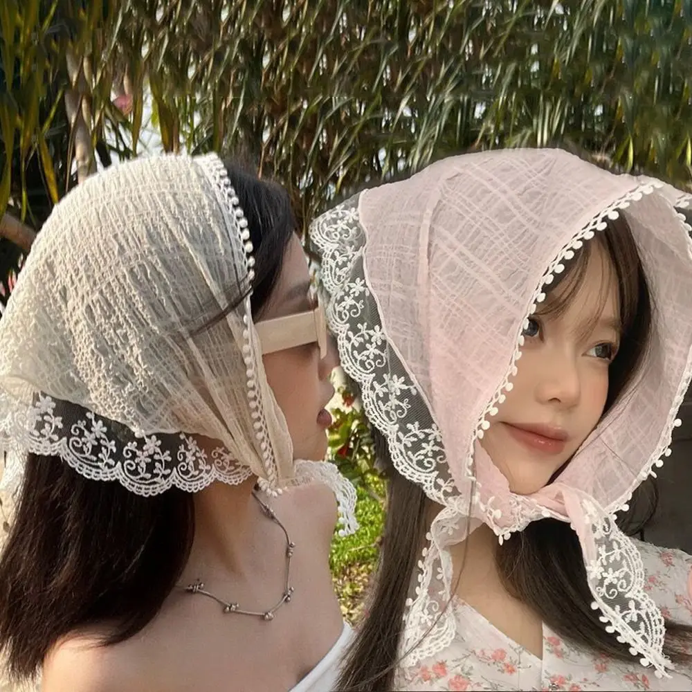 Lenço de Cabelo de Renda Delicada Estilo Francês para Viagem e Praia, Acessório de Cabelo para Fotos, Faixa de Cabelo, Turbante, Faixa Triangular para Cabelo, para Mulheres e Meninas