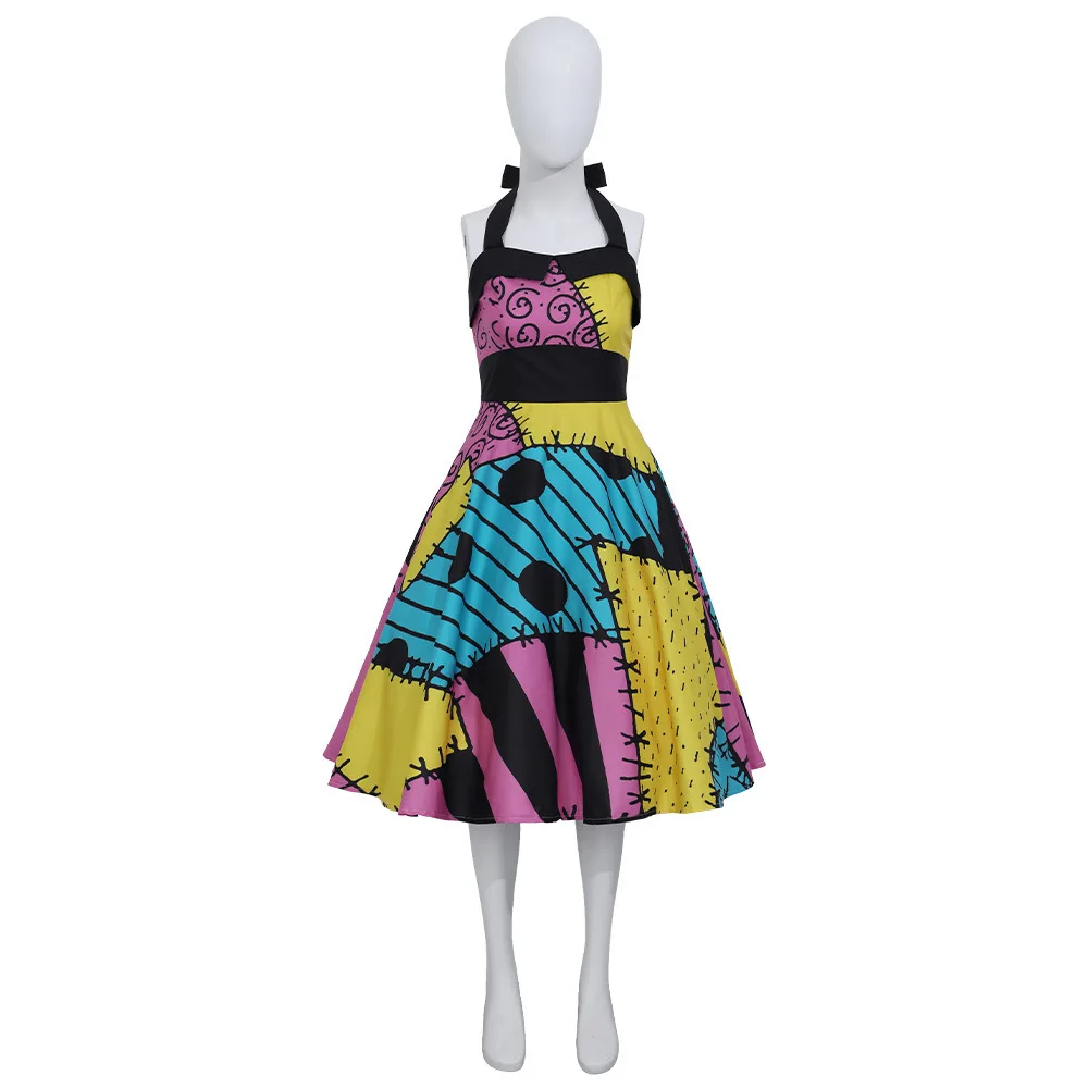 Sally ‌ Vestido Halter Estampado, Disfraces de Cosplay, Disfraz de Personaje de Película para Fiesta de Halloween, Ropa de Actuación para Adultos