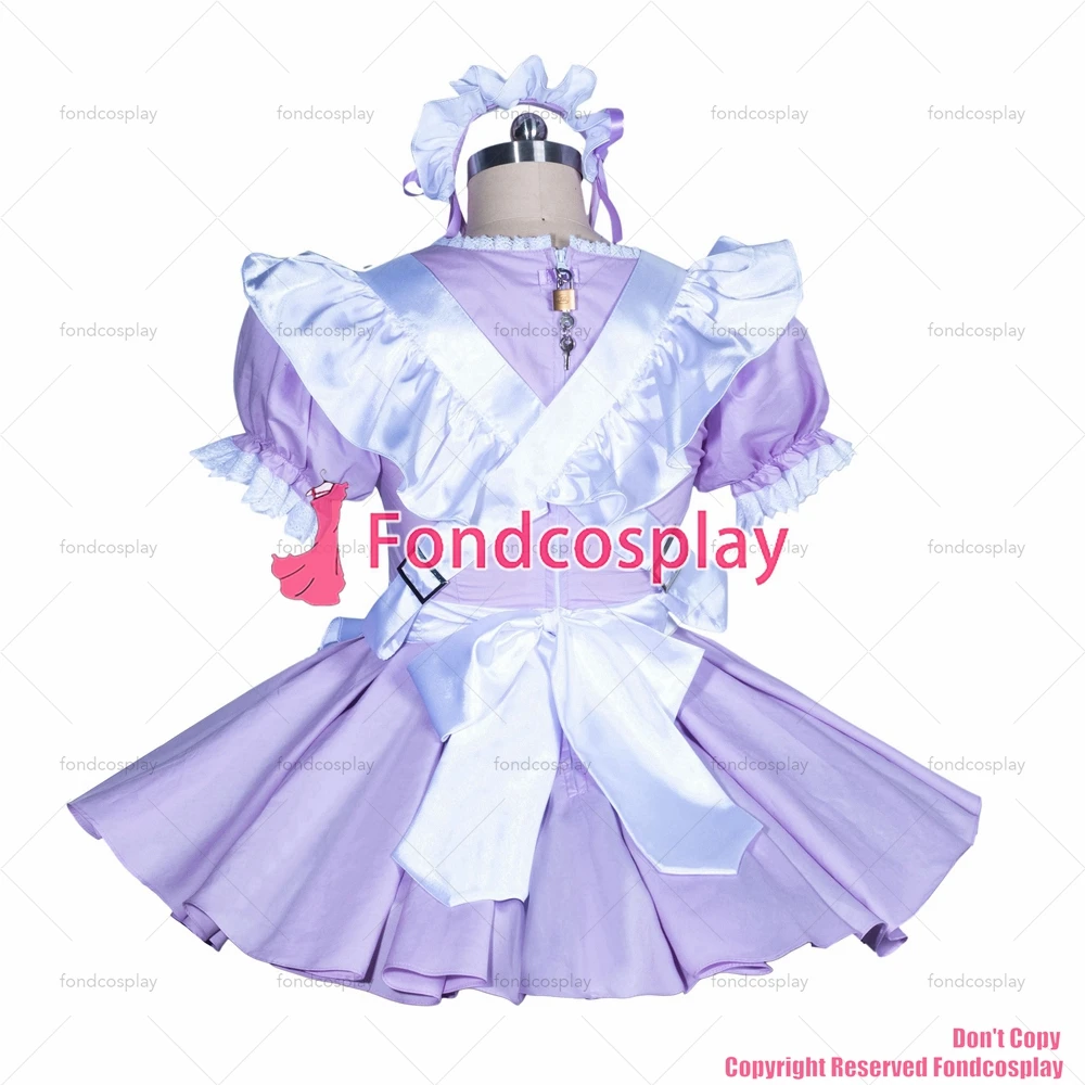 Fondcosplay Volwassen Sexy Cross Dressing Sissy Meid Korte Franse Lila Katoenen Afsluitbare Jurk Wit Satijn Schort Cd/Tv [G3881]