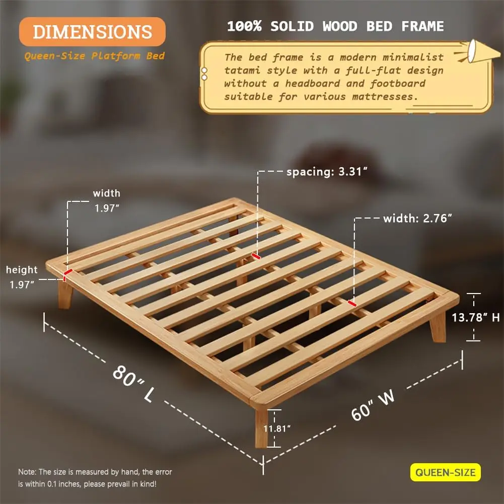 Queen Platform Bed Base -  Solid Wood Mattress Foundation with Support Slats and Legs, Queen-Size Rubberwood Simple Bed Frame