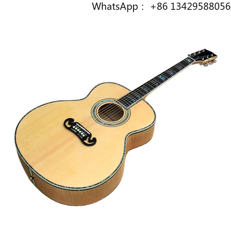 Flyoung Natural Wood Color 43 Inches Acoustic Guitar SJ200 Model Top Solid Flame Maple Back and Side Abalone Fret Inlay