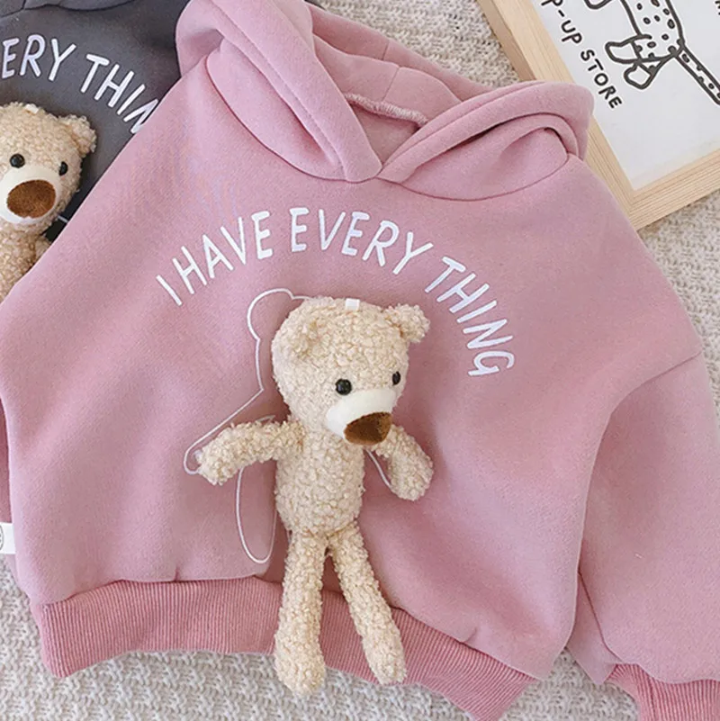 سترة بغطاء للرأس من الصوف الكرتوني للأطفال للخريف والشتاء، سترة لطيفة بأكمام طويلة مع لعبة دب قابلة للفصل، ملابس للأطفال الأولاد والبنات