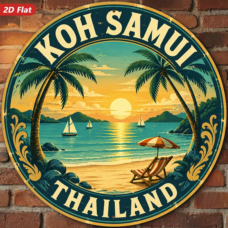 CIFBUY Tropical Beach Sunset Round Metal Wall Art Waterproof Durable Aluminum Wall Art Samui Island Palm Tree Ocean Gold Decor F