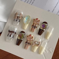10pcs pure handmade coffin shaped nail art, beautiful fake nails, cute little bear nail art, suitable for women to use
