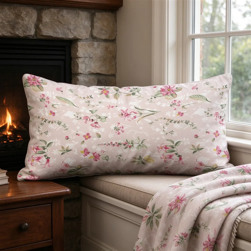 Blush White Soft Ditsy Print Long Pillow Cover, Gentle Style, Fireplace Decorative, Polyester, Window Seat Cushion, Trendy