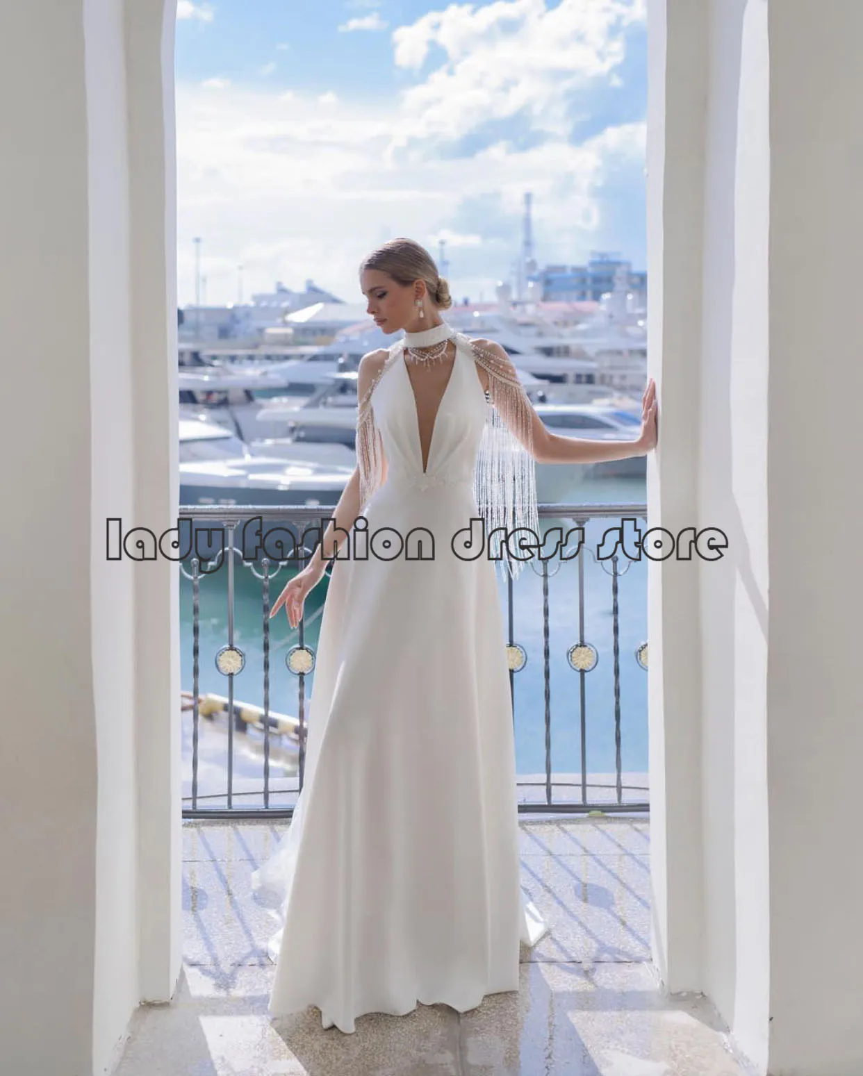 

Mermaid Wedding Dress Bride 2023 V Neck Satin A Line Boho Wedding Gown Women Applique Backless Ivory Robe de Mariée