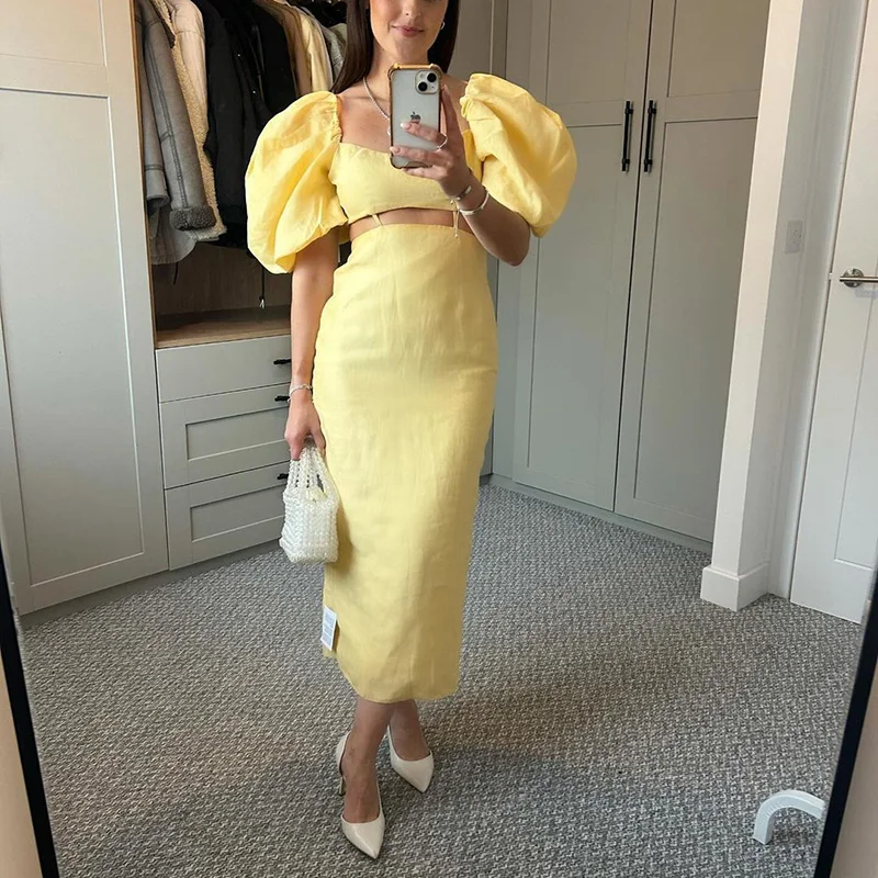 New Yellow Puff Sleeve Hollow A-line Dress Club Party Square Neck Women's Long Dress Elegant High Waist Slim Fit Holiday Dresses
