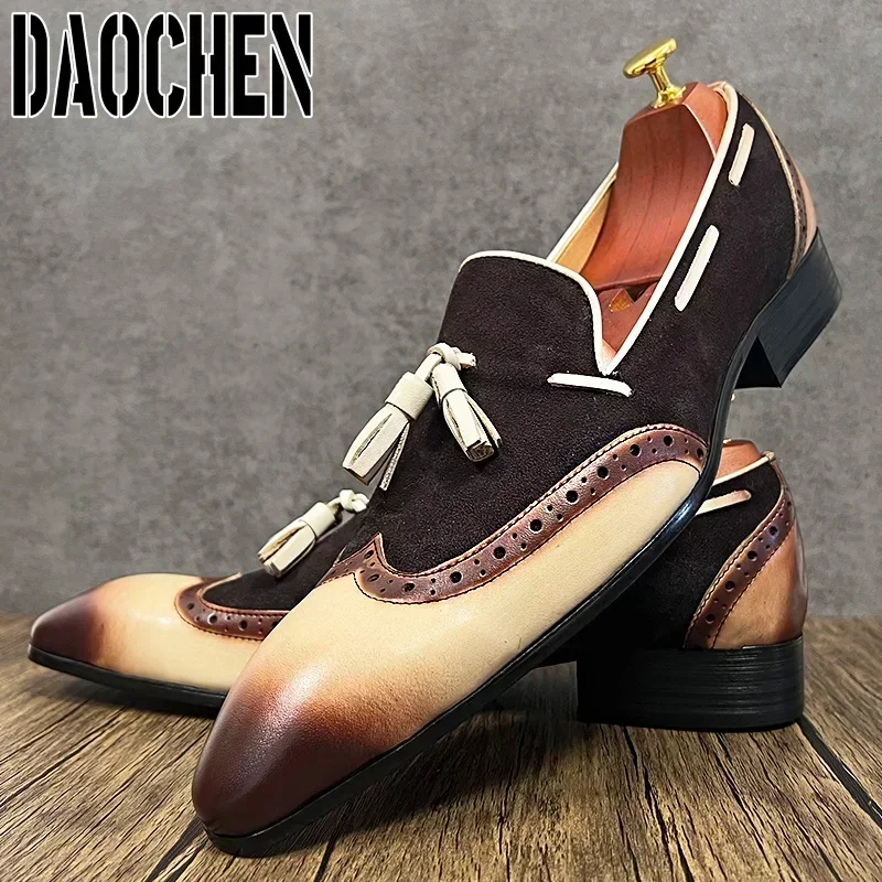 Mocassins italiens en daim à bout d'aile pour hommes, chaussures en cuir, noir, marron, document mixte, robe décontractée, mariage, bureau