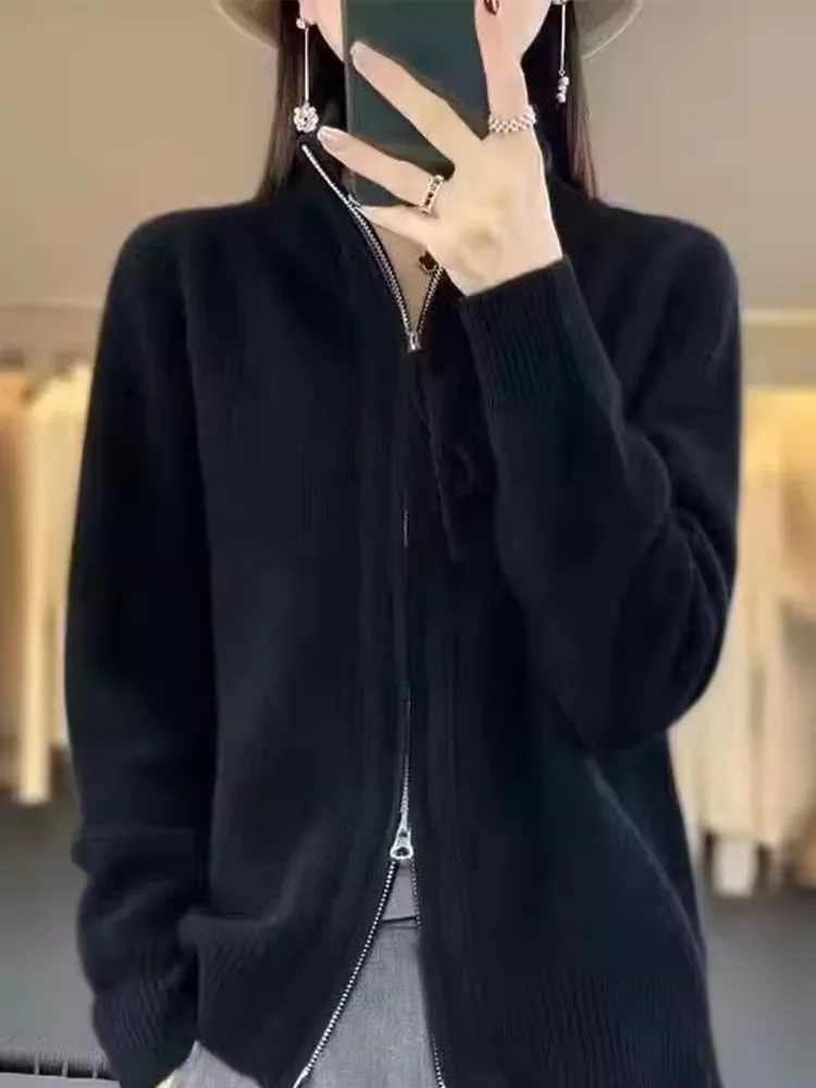 

Осень-зима, новый женский открытый кардиган Camere, свободный шерстяной вязаный свитер, верхняя одежда, застежка-молния, основа irt