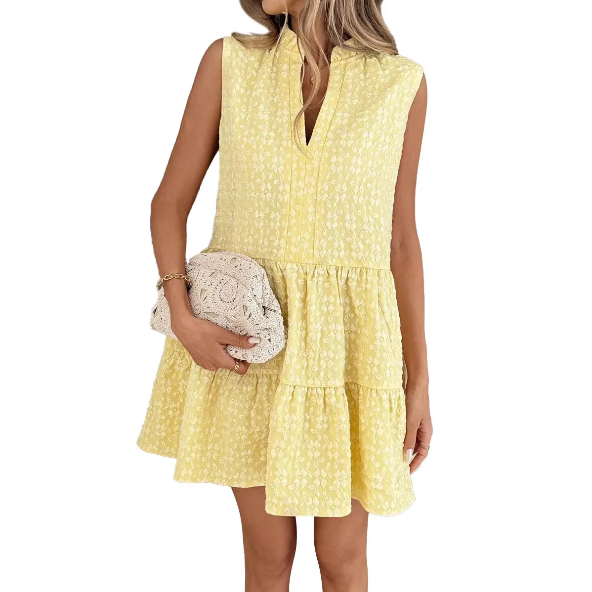 Image 6: Robe d'été 2026 pour femme, pull sans manches à col en V, patchwork, ourlet large, en tissu jacquard