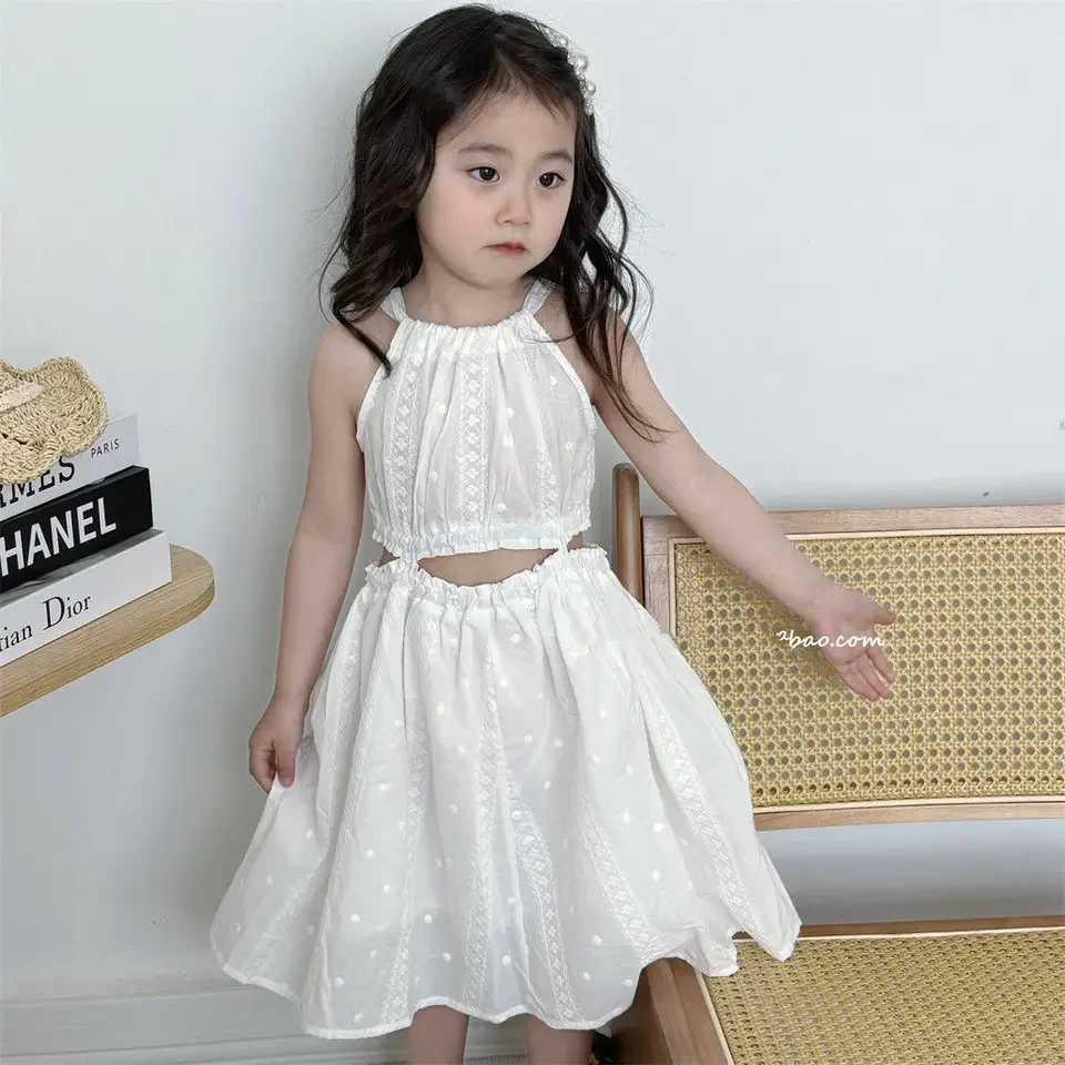 2025 Girls' Dress Summer Vacation Style Beach Korean Version Sleeveless Hanging Neck Stylish White Suspender Skirt