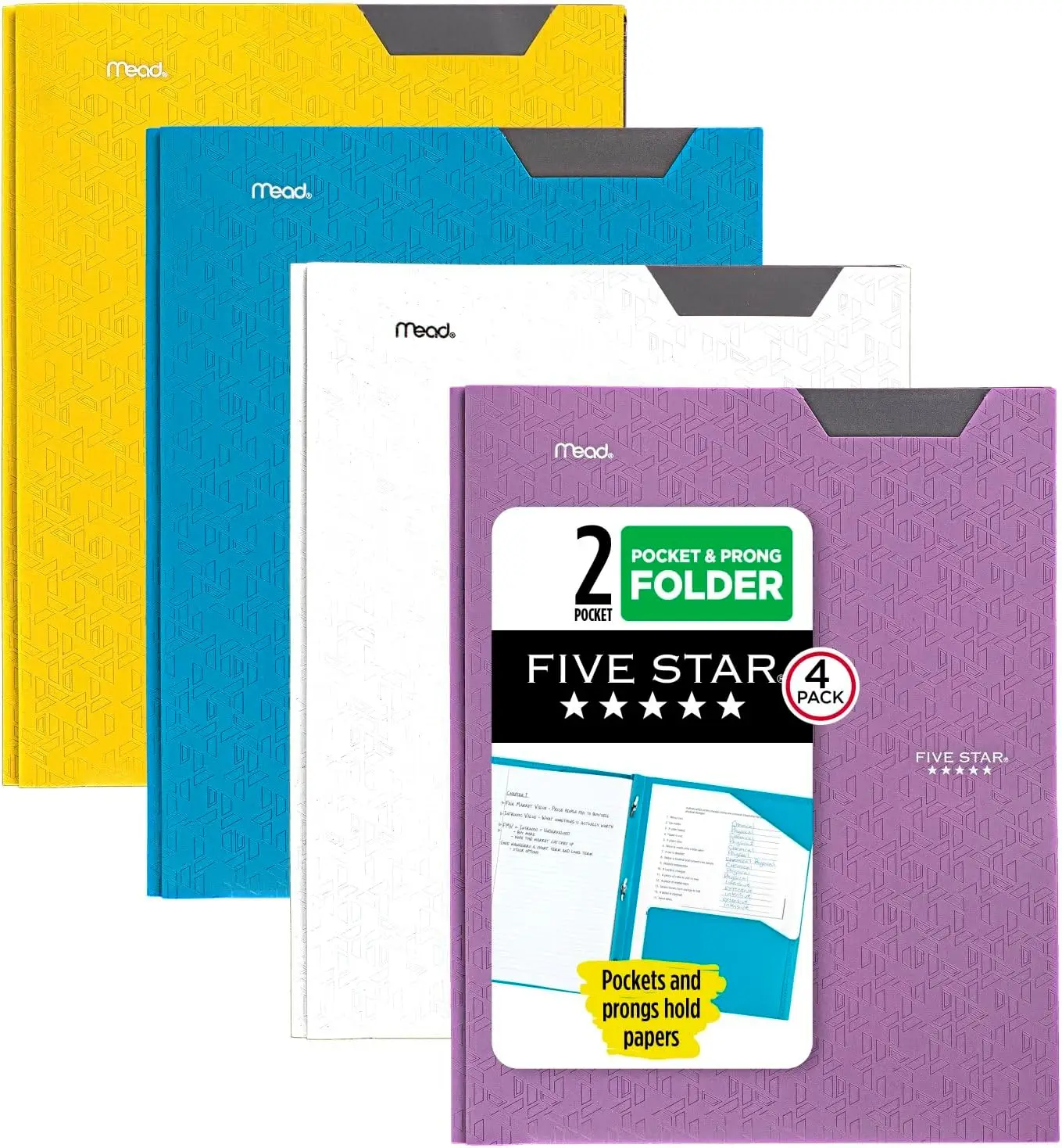 

2-Pocket Plastic Folder, 4 Pack with Stay-Put Tabs and Prong Fasteners for 8-1/2" x 11" Paper in Assorted Colors