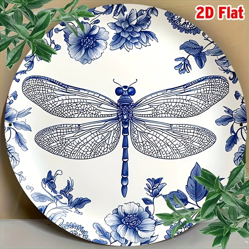 2D Flat Blue White Dragonfly Flower Round Metal Sign 20x20cm Vintage Chinoiserie Wall Art Decor for Home Kitchen Bathroom Gift