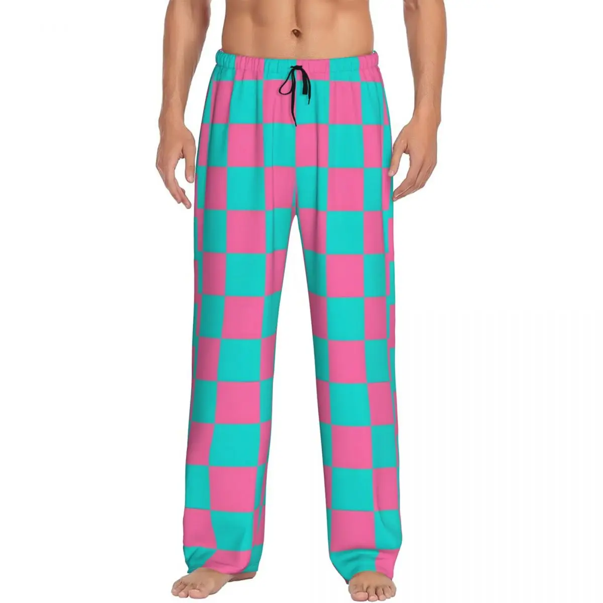 

Custom Checker Pajama Pants Sleepwear Men Elastic Waistband Bright Pink And Cyan Sleep Lounge Bottoms with Pockets