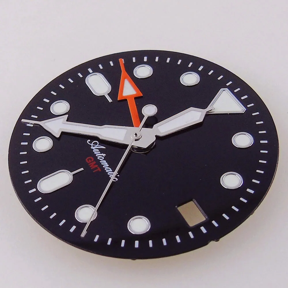 29mm NH34 Watch Dial Face Hand Set for S NH34 GMT Movement Orange Black Dial Plate Green Luminous SKX Mod Parts