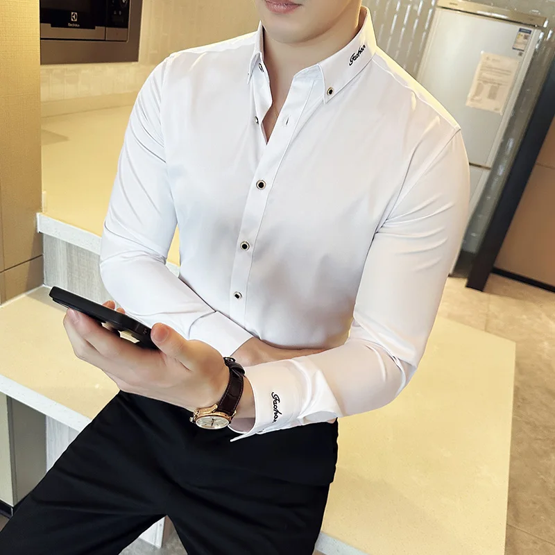 Non-iron Elasticity Easy To Take Care Work Shirt Business Soft Cozy No Pockets White Work Shirt Long-sleeved Shirt Men Slim Fit