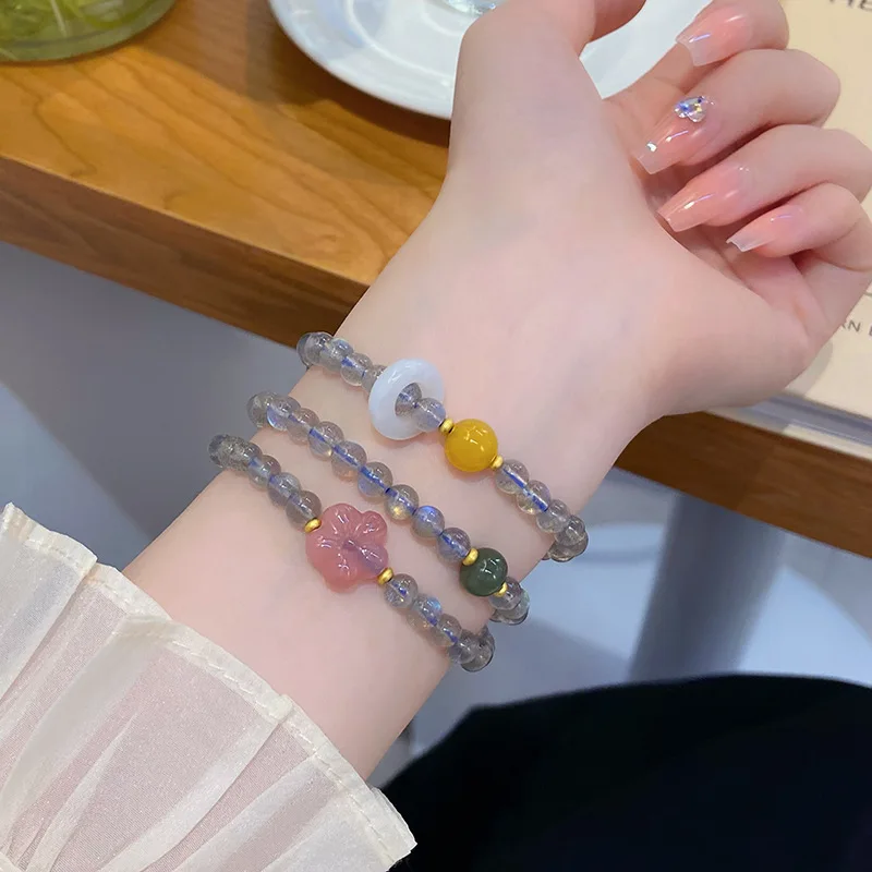 Super Fairy New Chinese Style Light Luxury Hand-Made Natural Gray Moonstone Bracelet Chilli Gourd Agate Sweet Fresh Peach Blosso