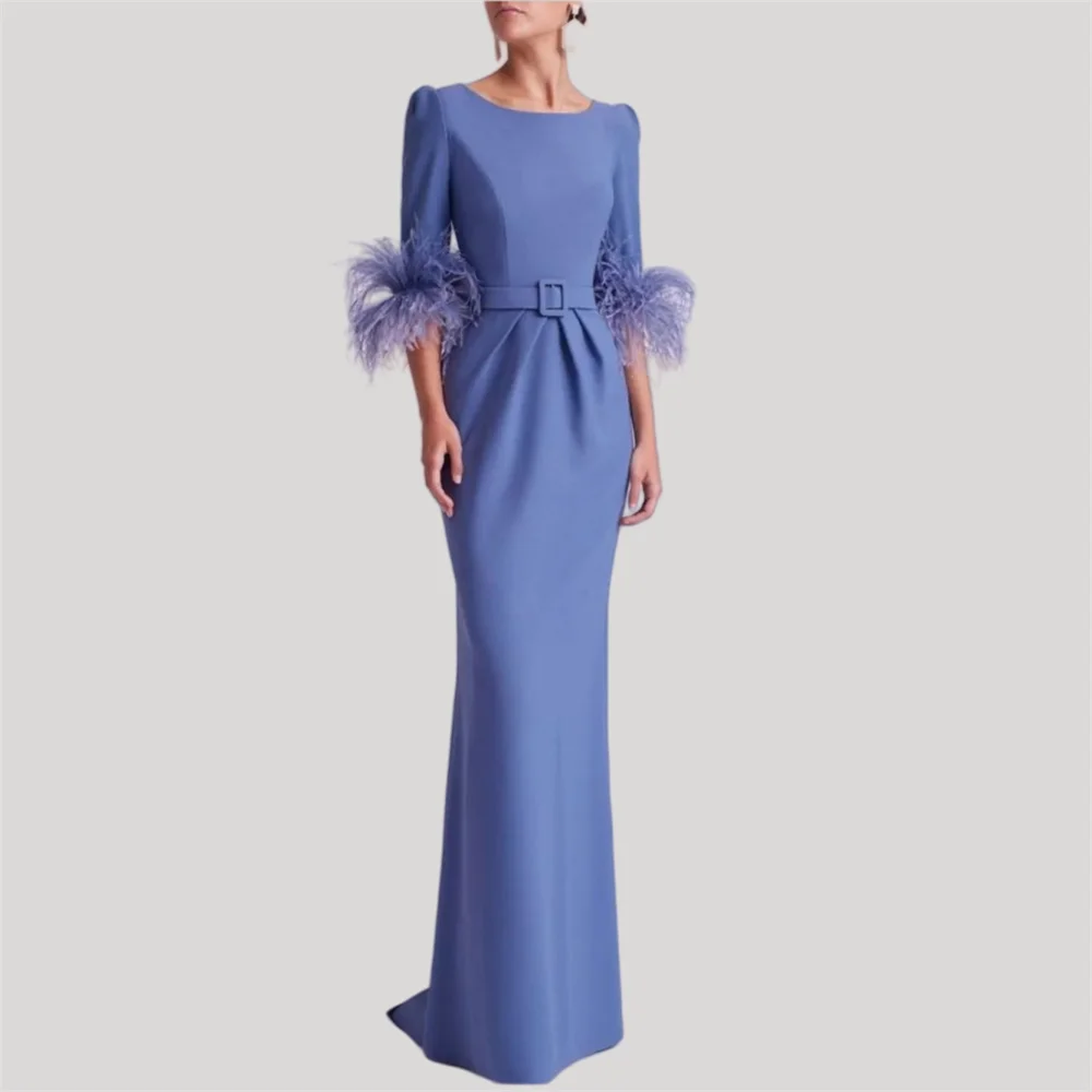 

Customized Modern Style Matching Jersey Sash Feather Pleat Straight Scoop Neck Long Dresses Homecoming Dresses High Quality Retr