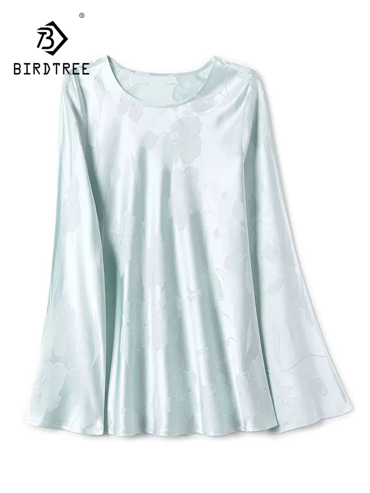 BirdTree-38MM Silk Elegant T-Shirt, O Neck Butterfly Jacquard, Women Versatile Casual Chic Loose Tops, 2026 Autumn New T68660CC