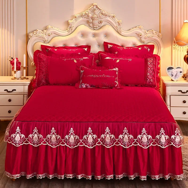 1PC European Style Thicken Cotton Bedspread Luxury Bed Skirt Style Bed Sheets Lace Embroidery Cotton Quilted Mattress Cover