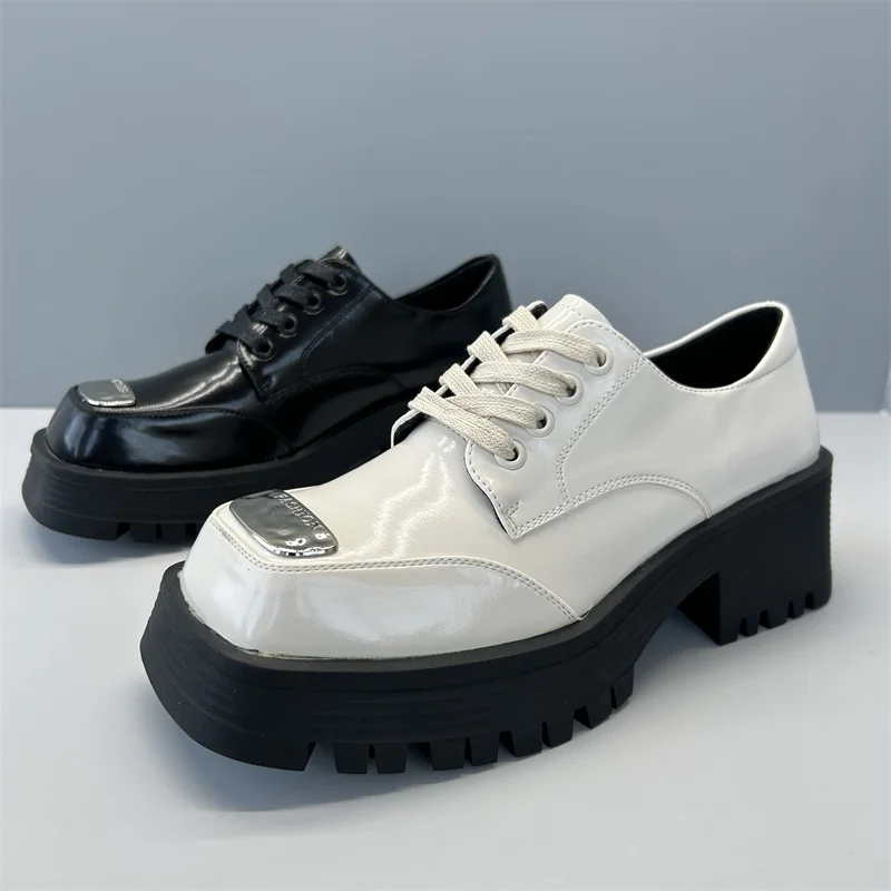 

Shoes Leather Sneakers Slip-on Loafers Summer Women's Woman-shoes Platform Roses 2025 Thick Sole Square Toe Lace-Up Patent