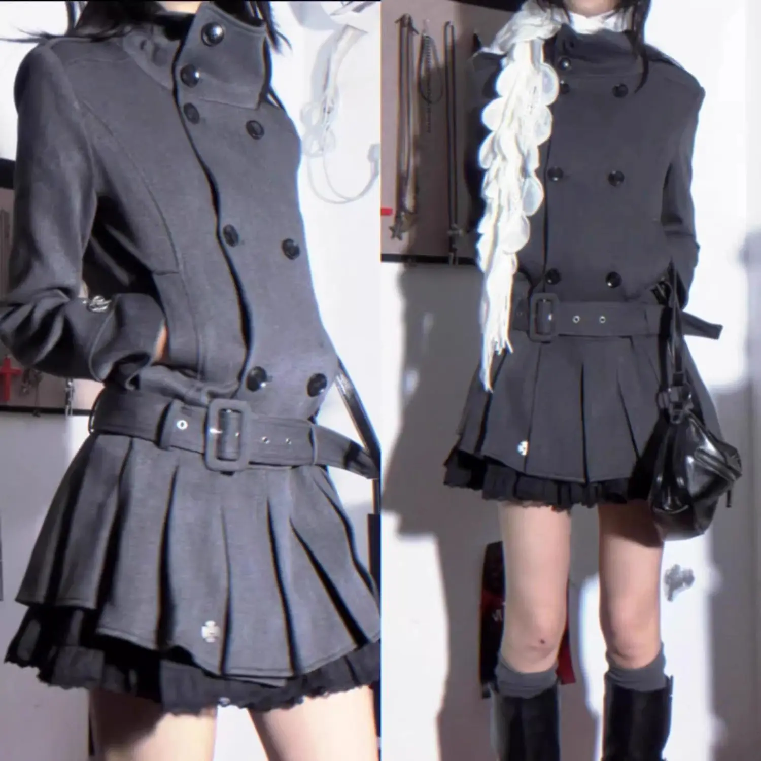 Lazy style stand-collar double-breasted dark gray windbreaker dress women's autumn and winter niche college style coat jacket