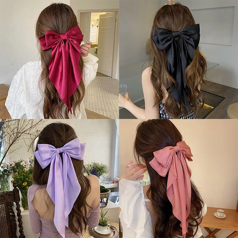 Elegant Oversize Ribbon Satin Bow Hair Clips Barrettes Women Girls Silk Bowknot Hairpin Spring Clips Ponytail Hair Accessories