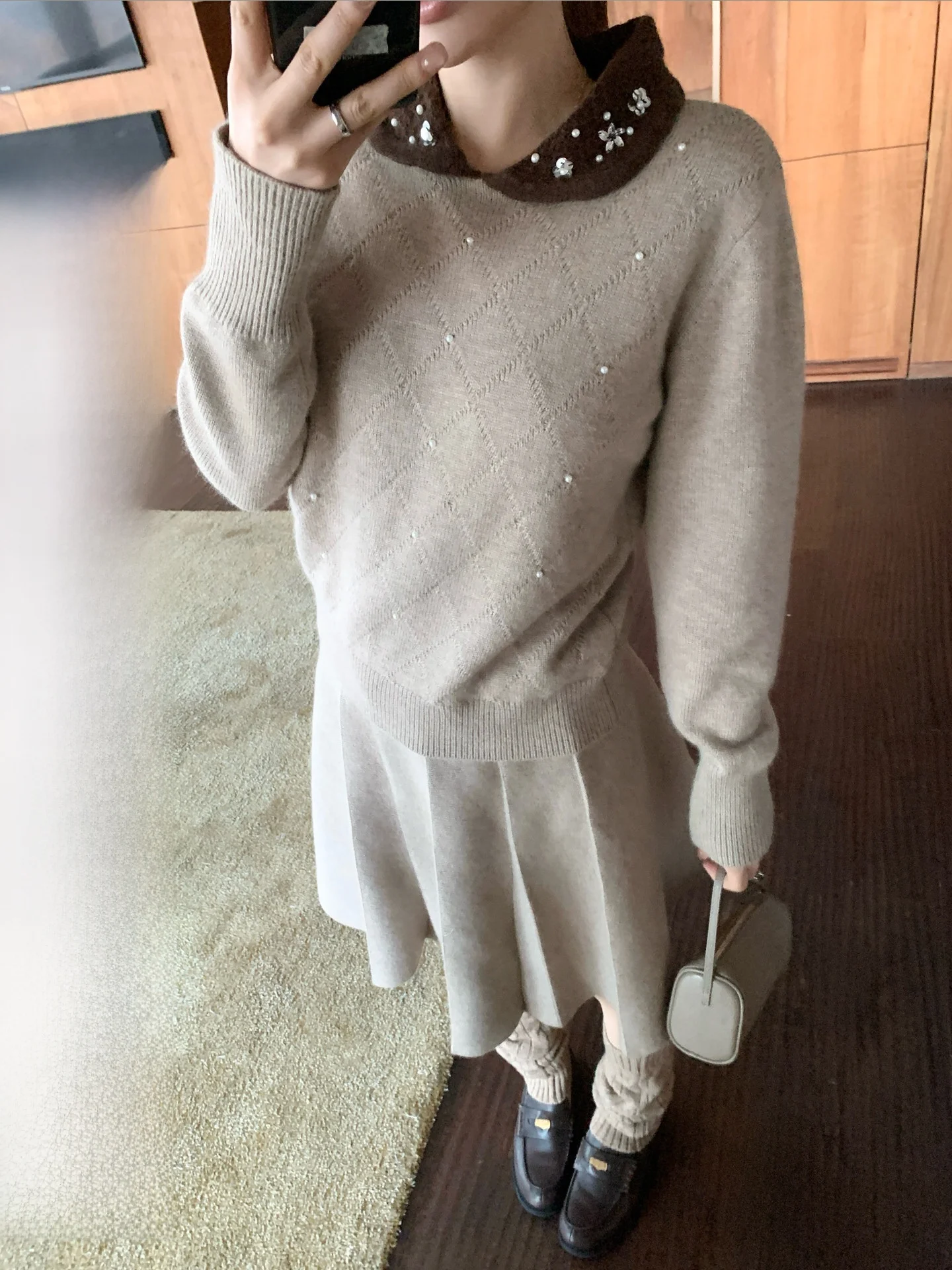 

Buleng Women's Knitted Sweater And Skirt Set with Turn-down Collar Diamond Pattern Loose Fit Long Sve Casual Sle