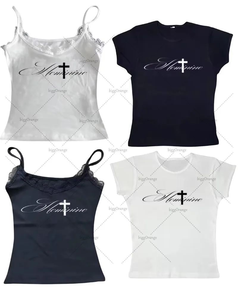 

2025 Trendy Streetwear Harajuku Cute Y2K Tops Woman Gothic Punk Retro Anime Printed Sexy Lace Suspender Vest Casual Slim T-shirt