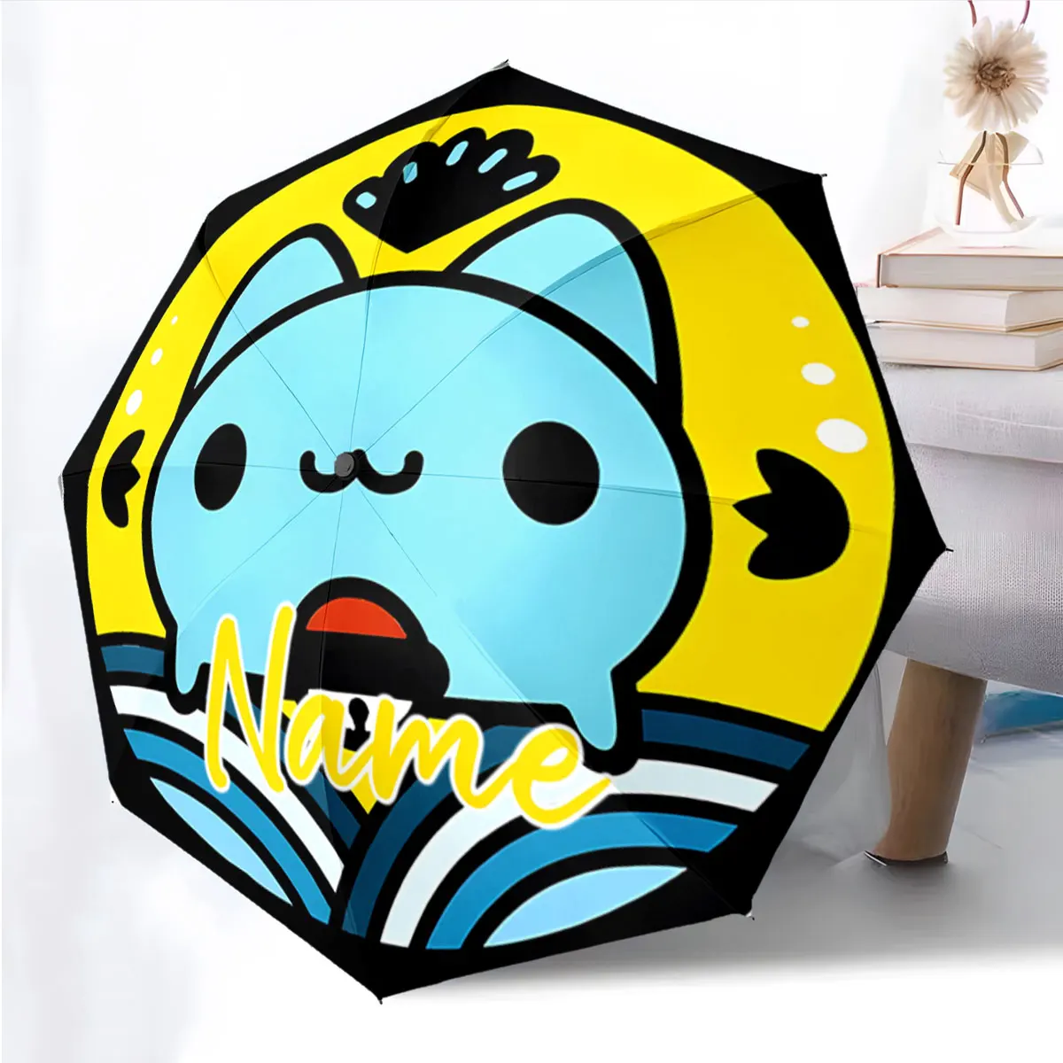 Custom Name Cute Cartoon Design Umbrella in Bright Colors Print 8 Iron Ribs Folding Umbrella Auto-Open Fashion Sunshade