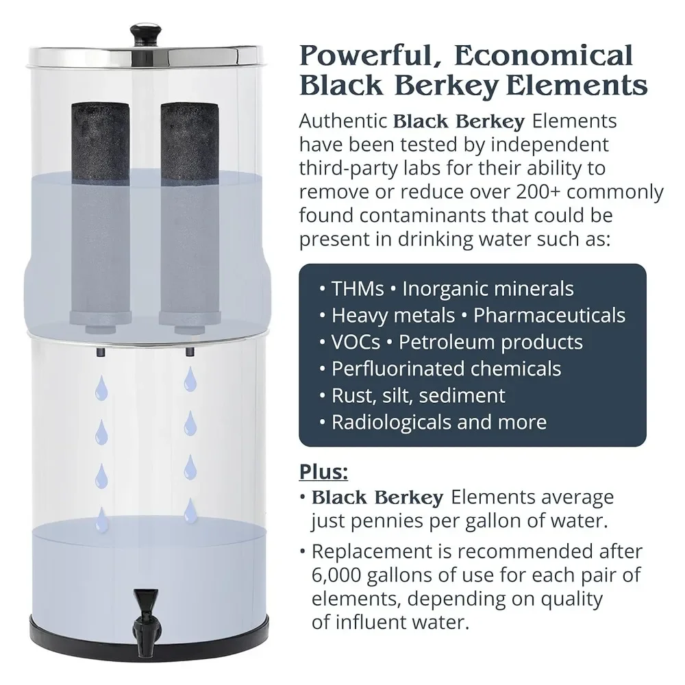 Gravity Fed Water Filter with 2 Black Berkey Elements 2 Berkey PF 2 Fluoride and Arsenic Reduction Elements Use at Home