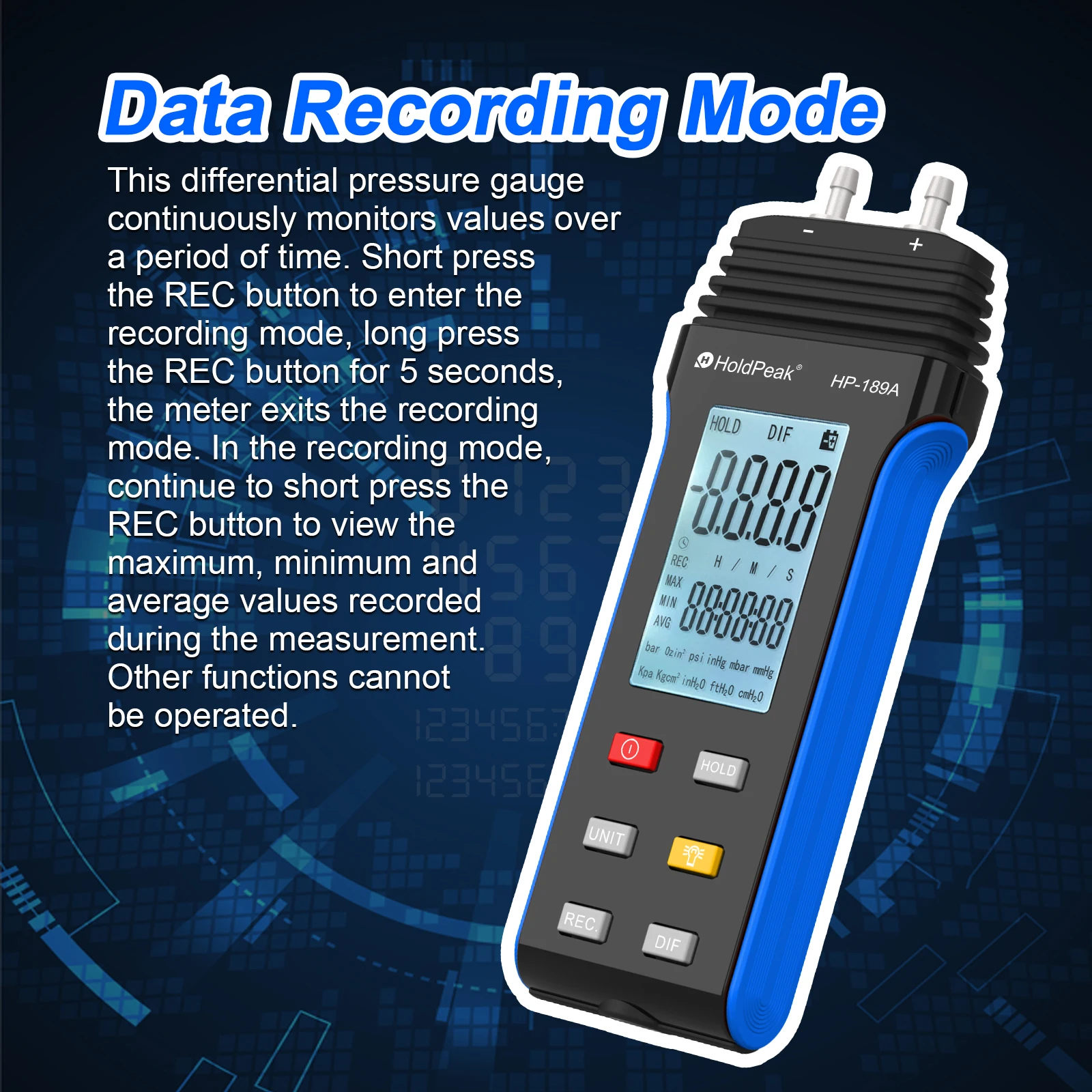 HP-189A Digital Manometer Dual-Port Manometer Gas Pressure Tester LCD Display With Backlight for any gas pressure system trouble