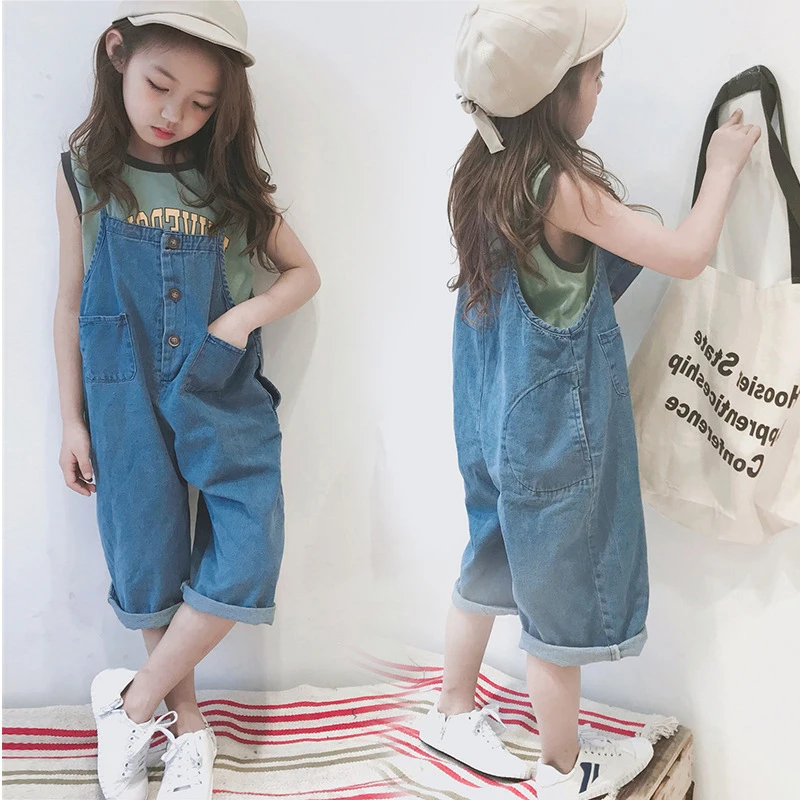 Summer Children Overalls Korean Fashion Denim Wide Leg Pants Kids Jumpsuits 2023 New Baby Girls Suspenders Trousers 3-9Years