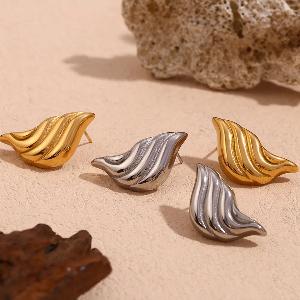 Engraved Water Wave Stud Earrings For Women Gold Plated Stainless Steel Jewelry