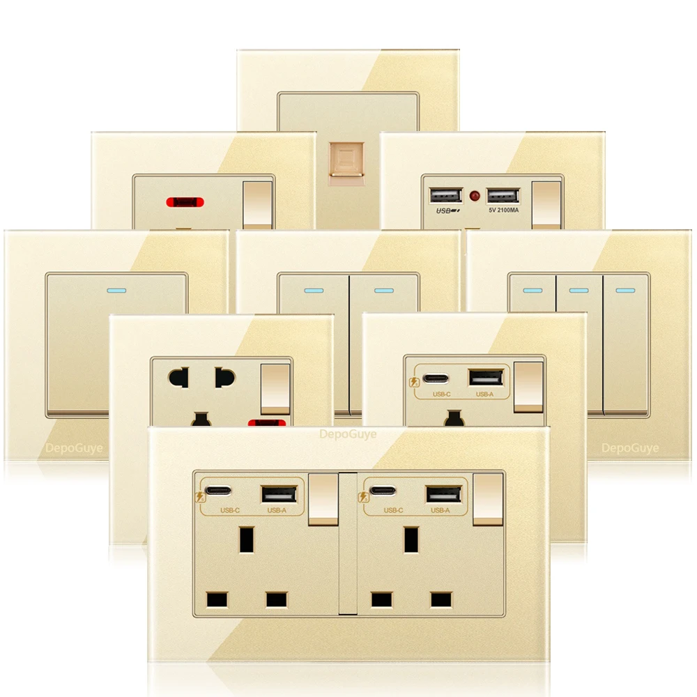 Gold UK Tempered Glass Wall Socket,UK 13A power outlet with USB Type C 18W Quick Charge,Home Light Electric Switch Panel