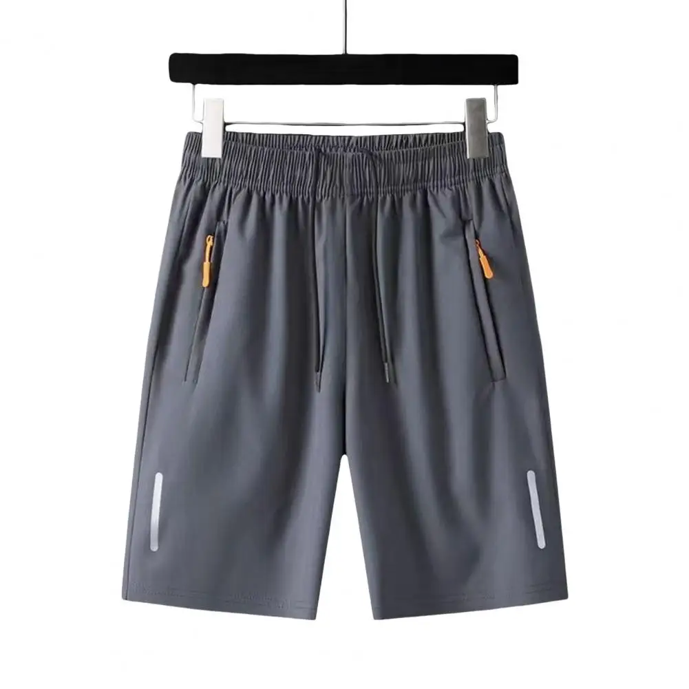 Calções esportivos monocromáticos masculinos, cintura elástica, calça reta casual, bolsos com zíper, altura do joelho fina retrô, roupas de verão