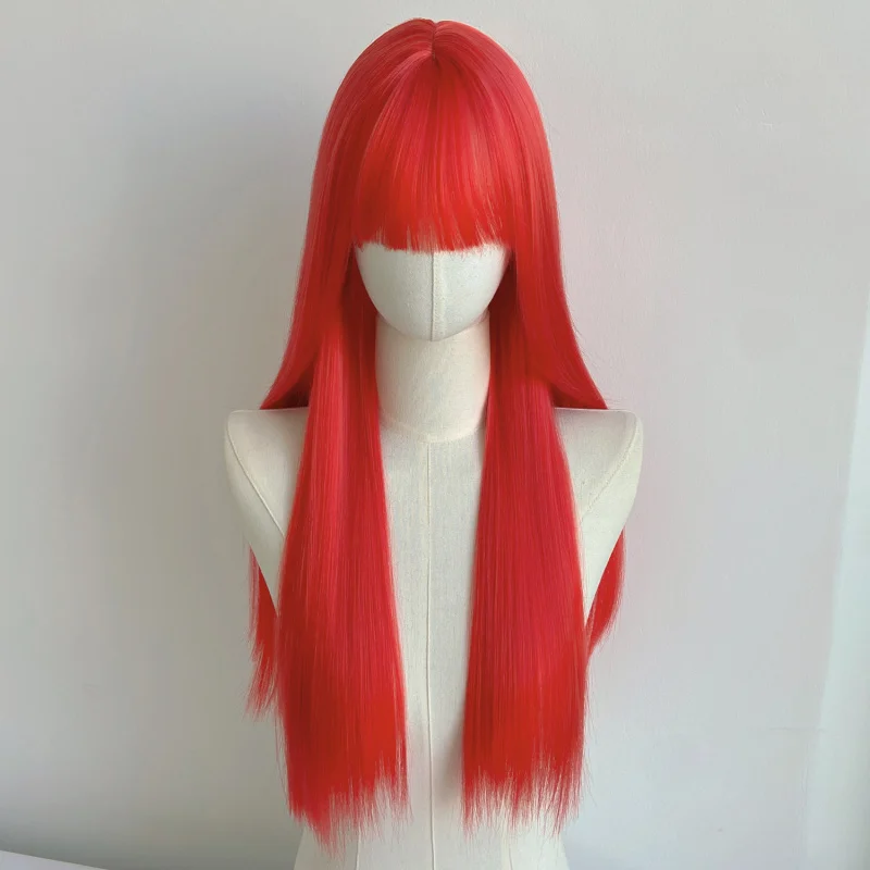 

Женский красный парик с длинными прямыми волосами, универсальный для косплея, из термостойкого синтетического волокна, без декоративных элементов.