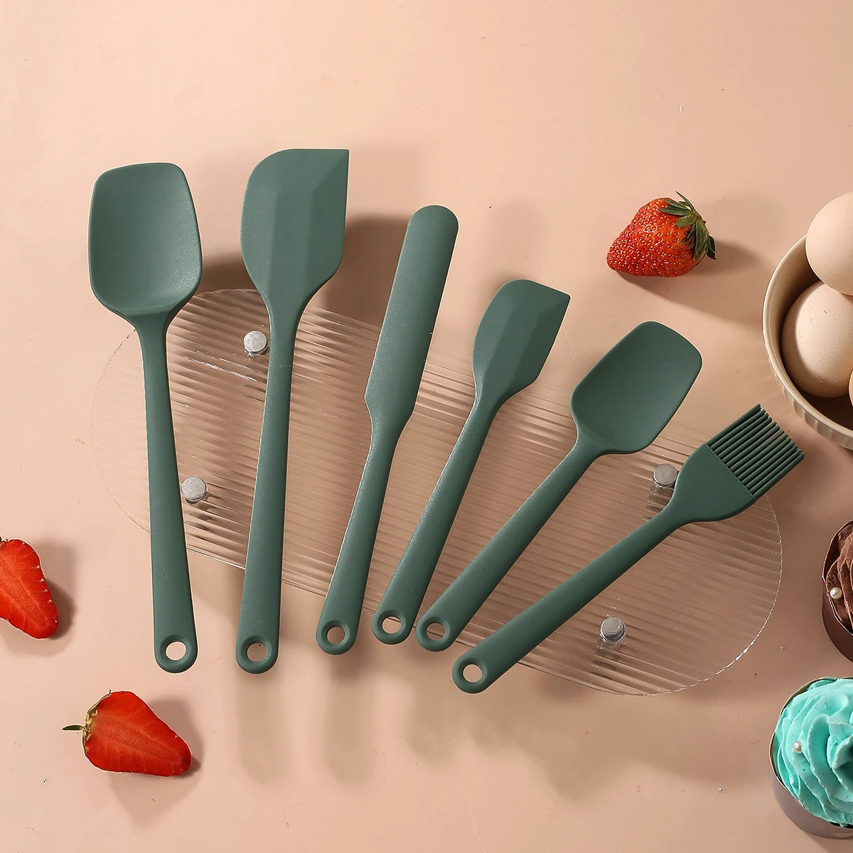 Large Round Hole Spatula 6-Piece Set - Danish Green One-Piece Silicone Spatula Set, Cake Cream Baking Tools, High-Temperature Re