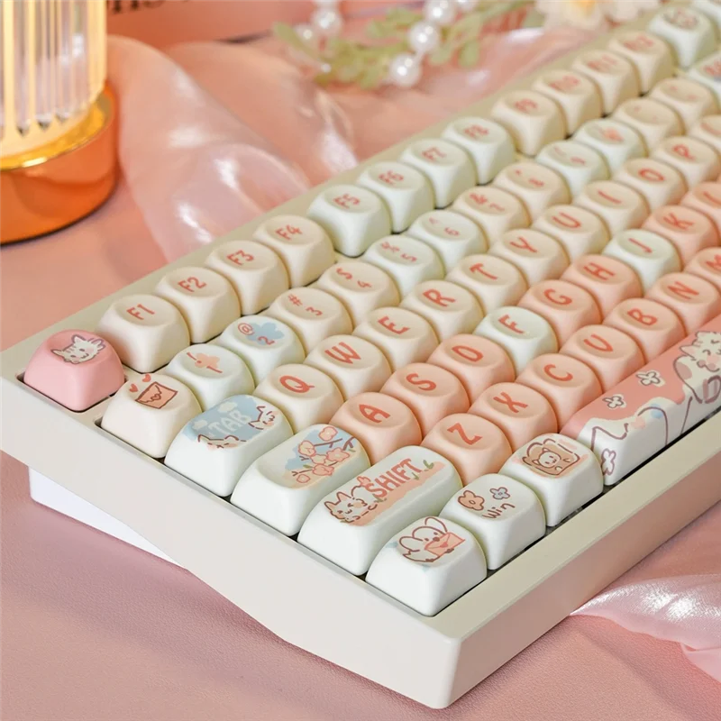 A95Q-Cat Cartoon Anime PBT Keycaps MOA Profile For MX Switch Mechanical Keyboards Pink Cartoon Custom Dye Sub Accessories