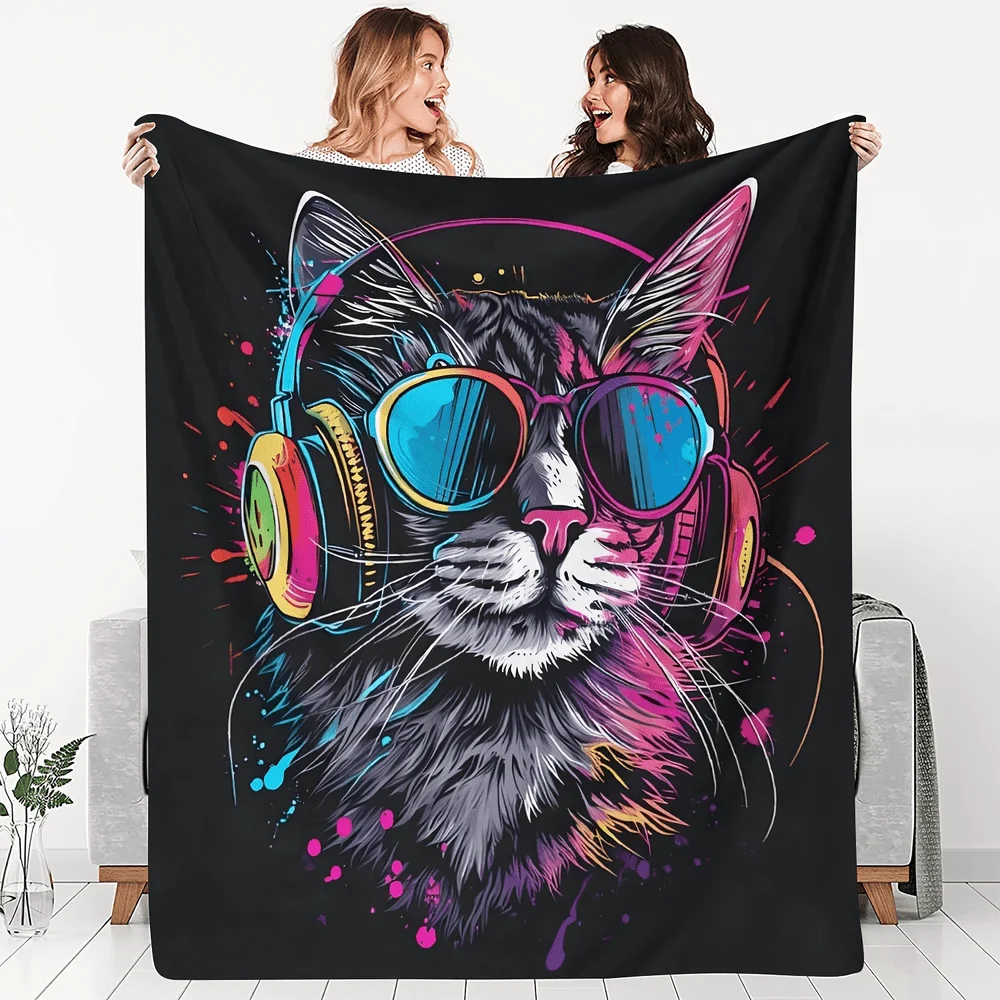 Cat Floral Splash Art Dreamy Color Burst Soft Cozy Throw Blanket for Sofa Bed Fantasy Home Decor