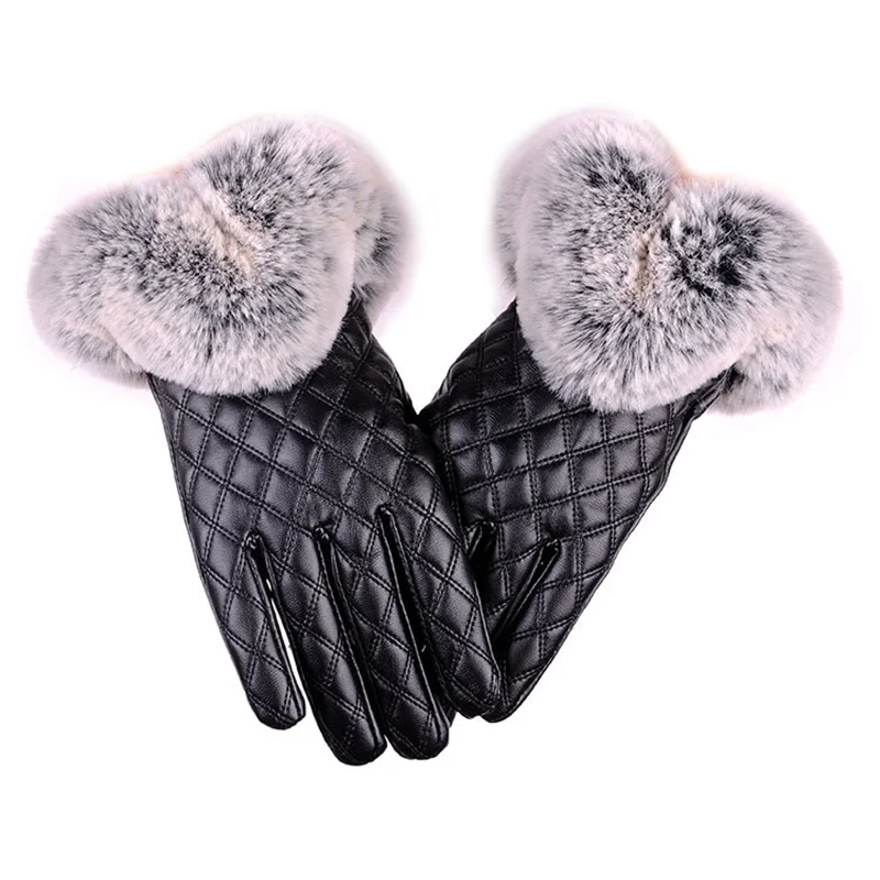 Fashion Women Warm Thick Leather Winter Gloves Elegant Women Ladies Brand Mittens Free Size With Rabbit Fur Female Gloves