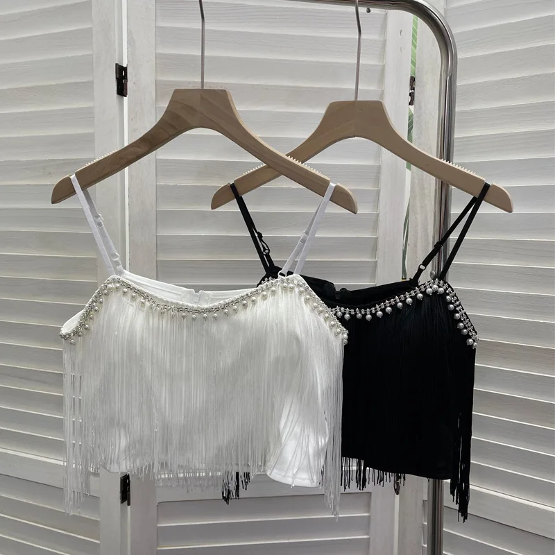 タッセルトリム ダイヤモンド装飾 パール装飾 スウェット アウターベストトップ レディースファッション 春秋 2024