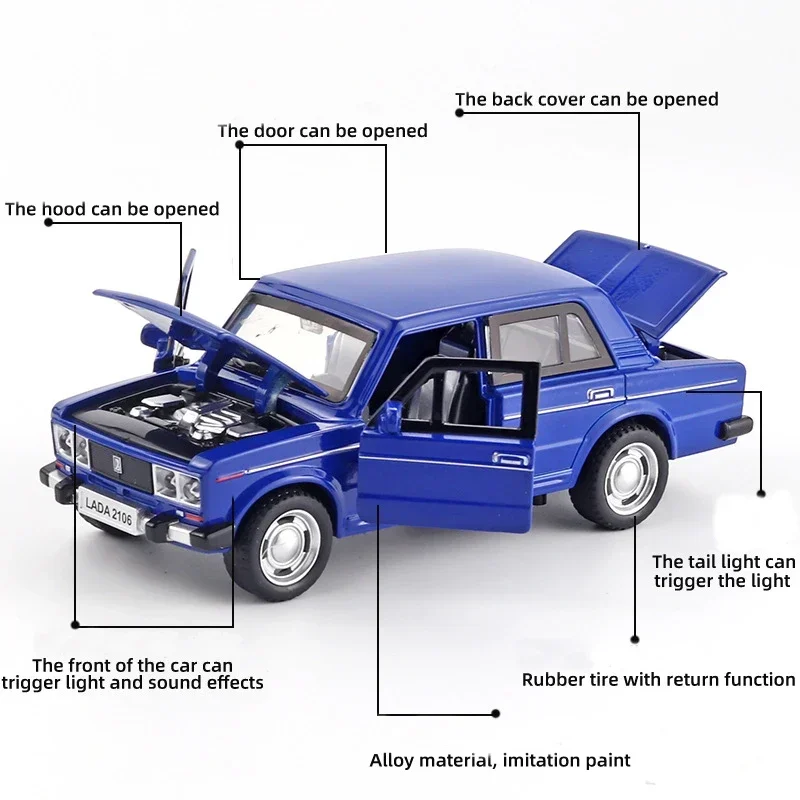 Coche de Metal fundido a presión para niños, vehículo con función de extracción de puerta, luz musical, juguete de regalo, Rusia, LADA 1/32, 2106