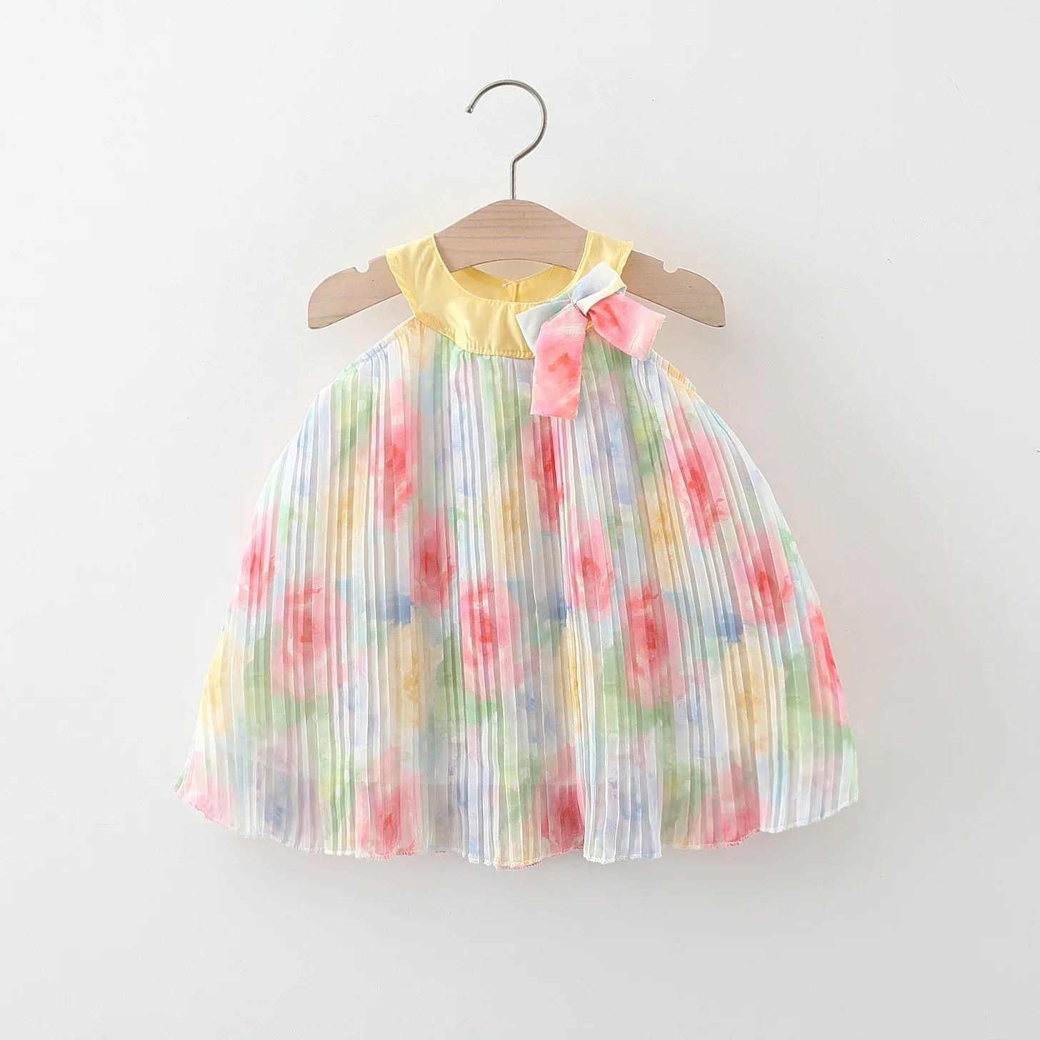 Summer Girls Dress Baby Girl Rainbow Crease Two Bow Ties Hanging Strap Princess Dress Children's Dress