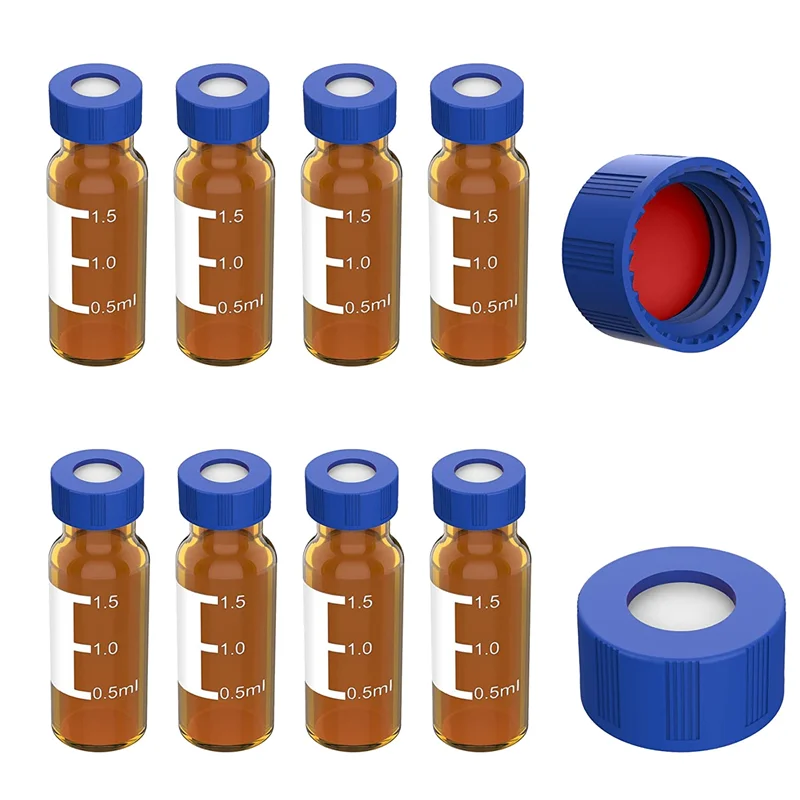 

2ML Autosampler Vials Pack Of 100 - HPLC Vials 9-425 Amber Vials with Blue Screw Caps,Red White Septa