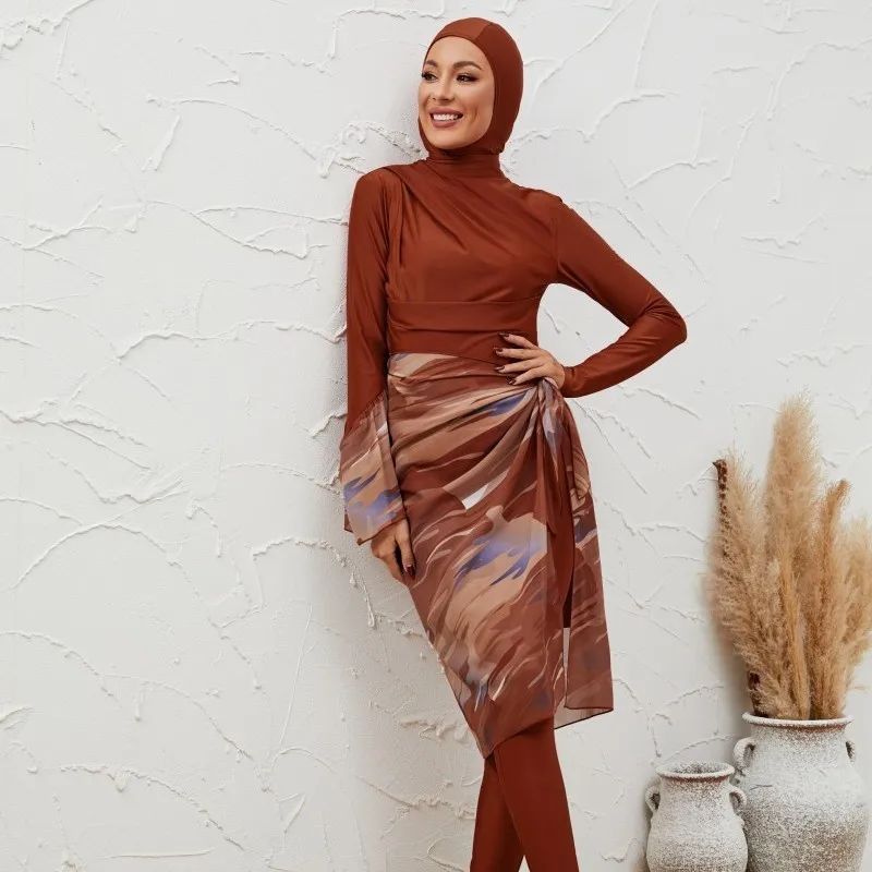 

Long Sleeve Tunic Dress High Neck Hijab Integrated High Waist Wrap Around Skirt Sheer Printed Overlay Modest Midi Length Dress