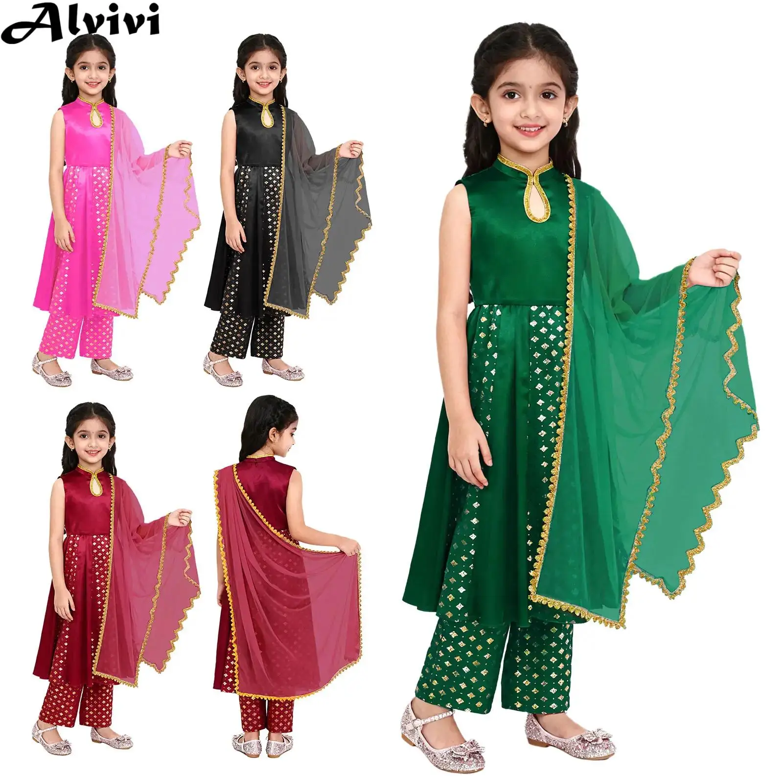 Kids Girls Metallic Print Indian Traditional Ethnic Salwar Suit Zipper Dress with Pants Halloween Theme Party Festival Costume