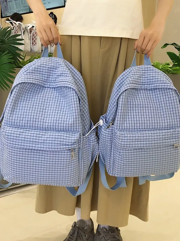 Casual Grid Pattern Student Backpack Women Drawstring Side Pocket Design Lightweight Large Capacity Daily Travel Rucksack