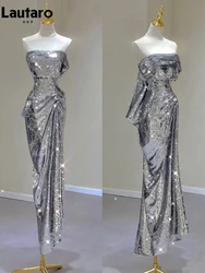 Lautaro Spring Long Elegant Evening Party Wedding Silver Strapless Tube Dresses for Women Sequins Luxury Designer Clothes 2024